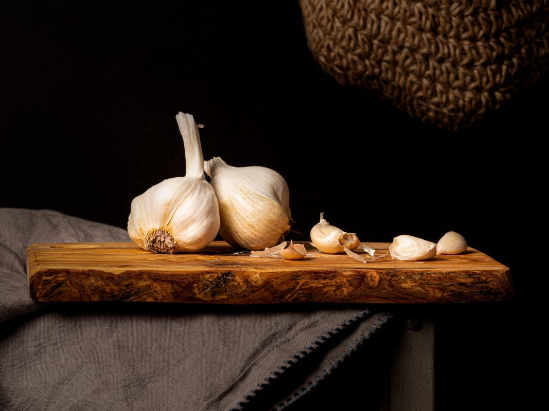 Rustic Garlic Still Life Wooden Cutting Board Dramatic Light