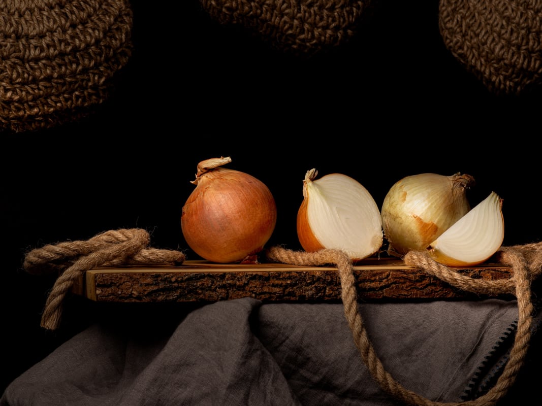 Rustic Onion Still Life Woven Baskets Dark Moody