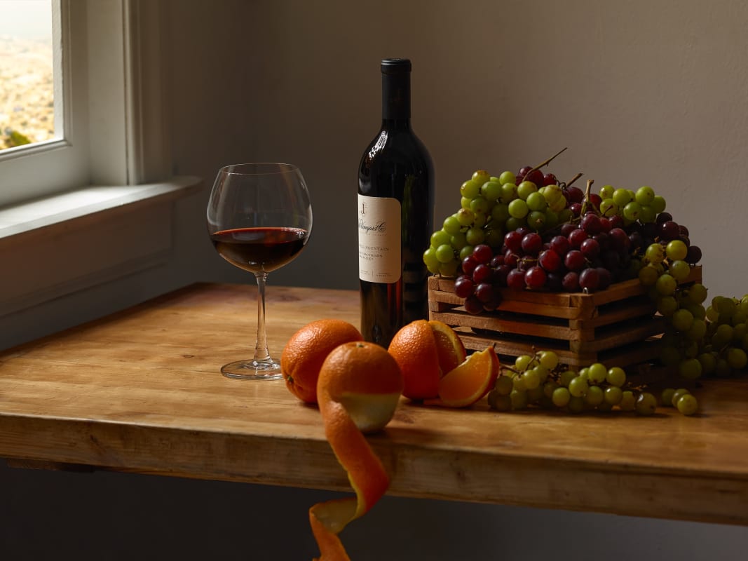 Rustic Wine Still Life Grapes Oranges Wooden Table
