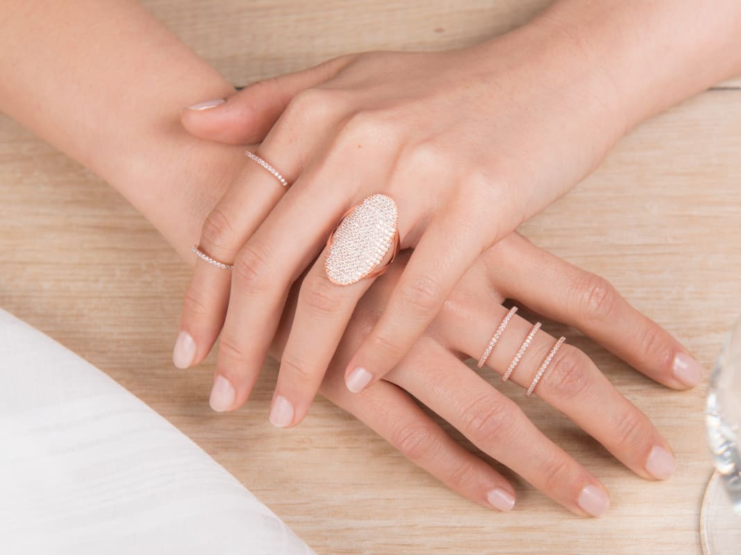 Rose Gold Rings Nude Manicure Hands