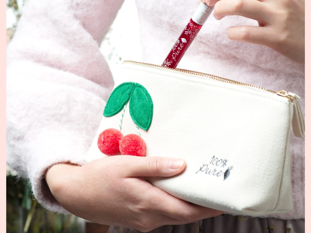 Woman Hands Cherry Cosmetic Bag Natural Beauty Products