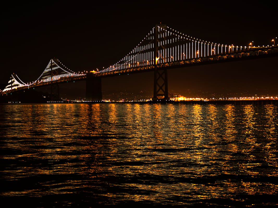 Bay Bridge Night Lights Golden Reflections San Francisco