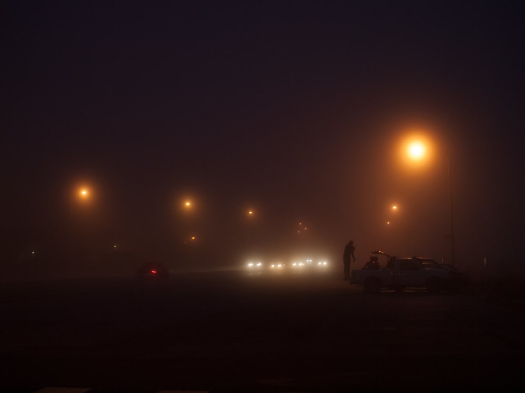 Foggy Night Street Scene Amber Streetlights Atmospheric Mist
