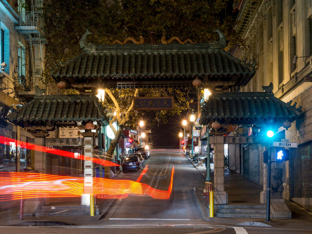 San Francisco Chinatown Gate Light Trails Night