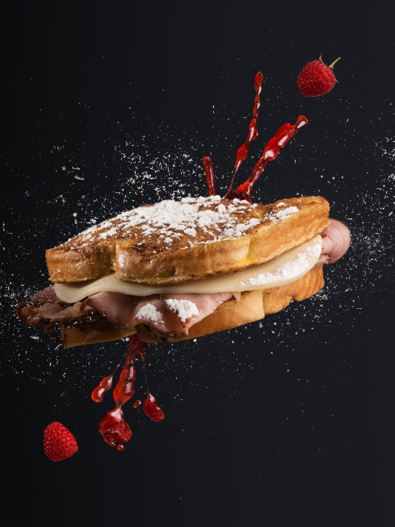 Floating Dessert Sandwich Strawberry Explosion Dark Background
