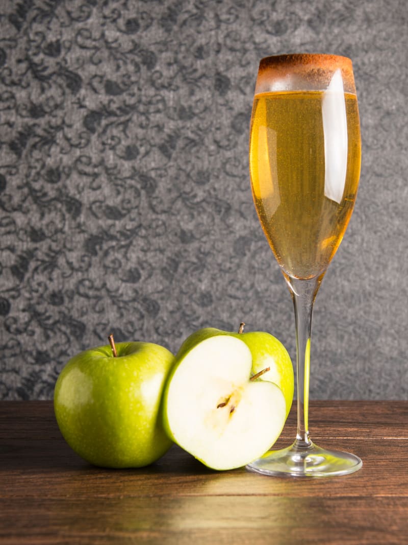 Green Apples Champagne Glass Wooden Table Still Life