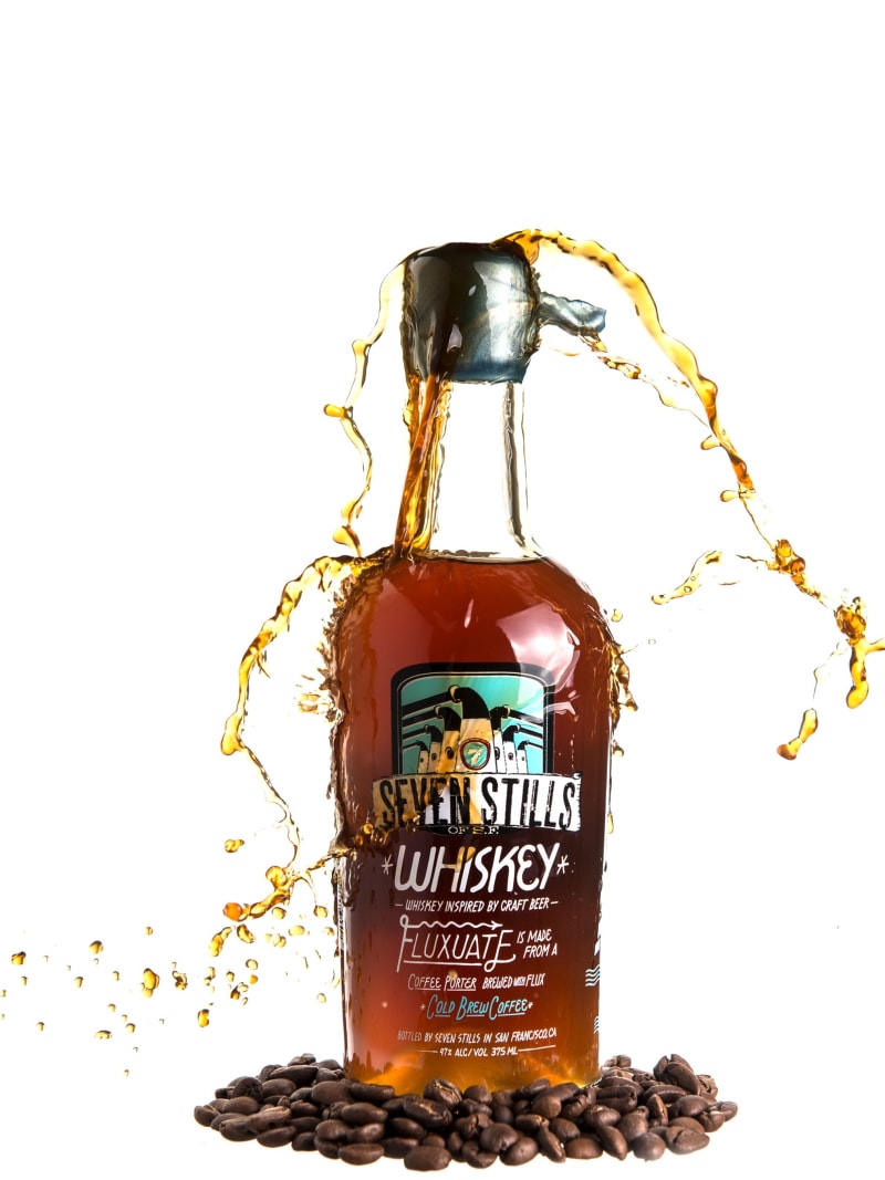 Seven Stills Whiskey Bottle Amber Liquid Splash Coffee Beans