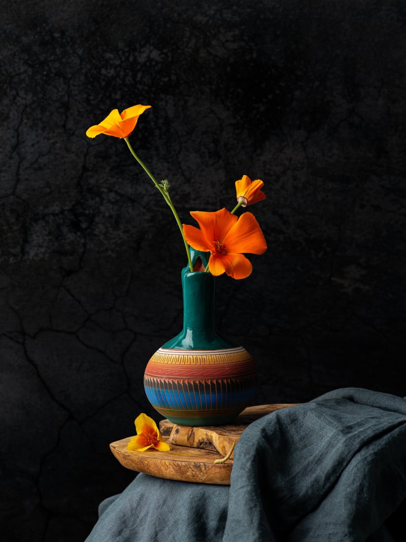 California Poppy Ceramic Vase Still Life Dark Background