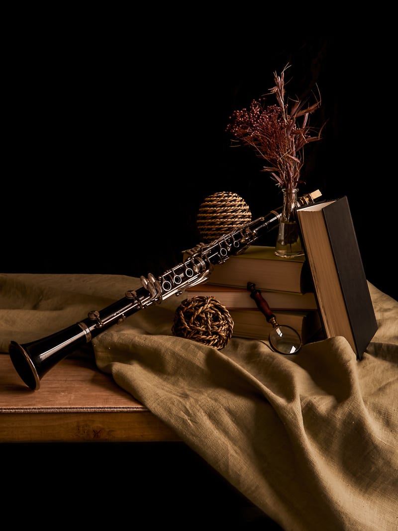 Clarinet Vintage Books Still Life Dramatic Lighting