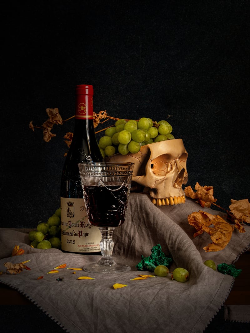 Dark Still Life Skull Wine Grapes Vanitas Composition