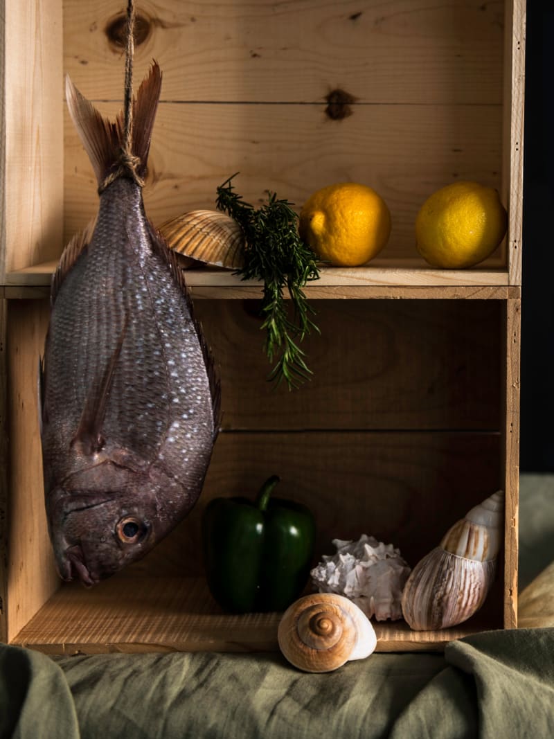 Fresh Fish Culinary Still Life Wooden Shelves Citrus Herbs