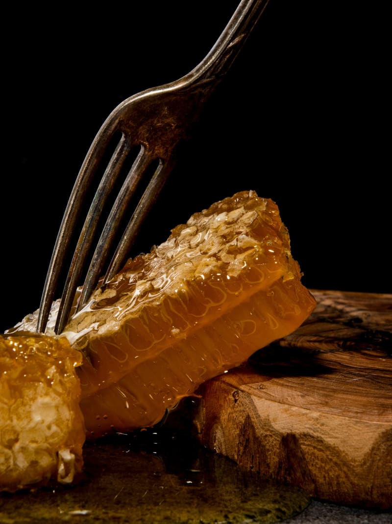 Golden Honeycomb Dripping Honey Vintage Fork Rustic Wood