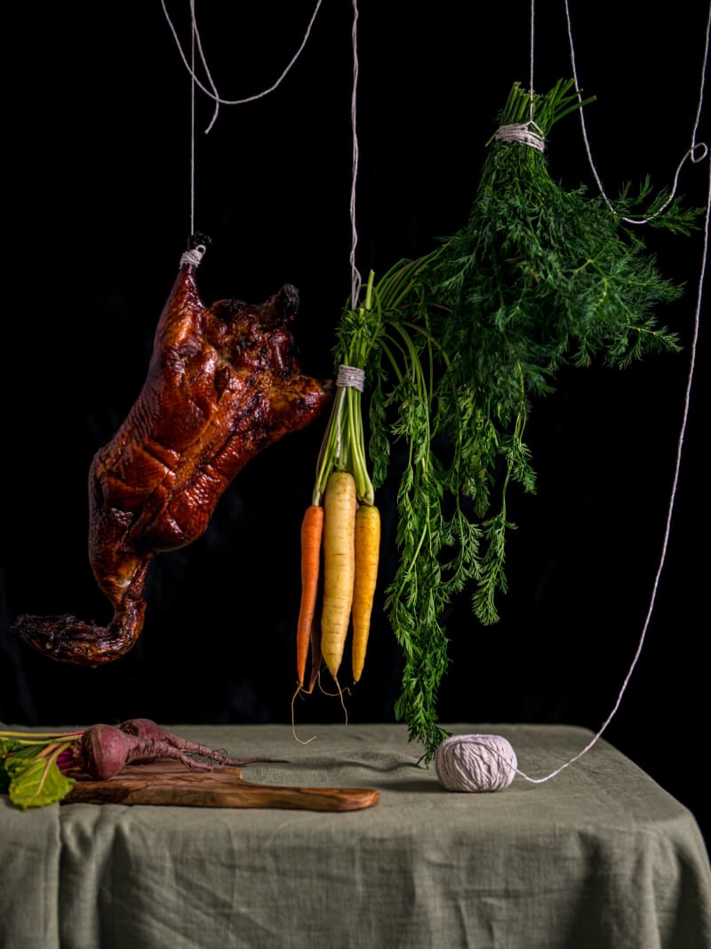 Hanging Duck Vegetables Culinary Still Life