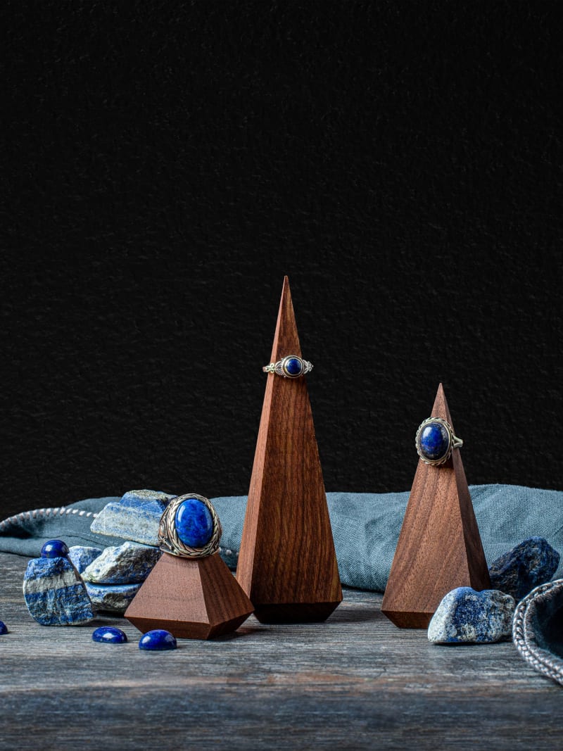 Lapis Lazuli Silver Rings Wooden Display Stands Gemstones