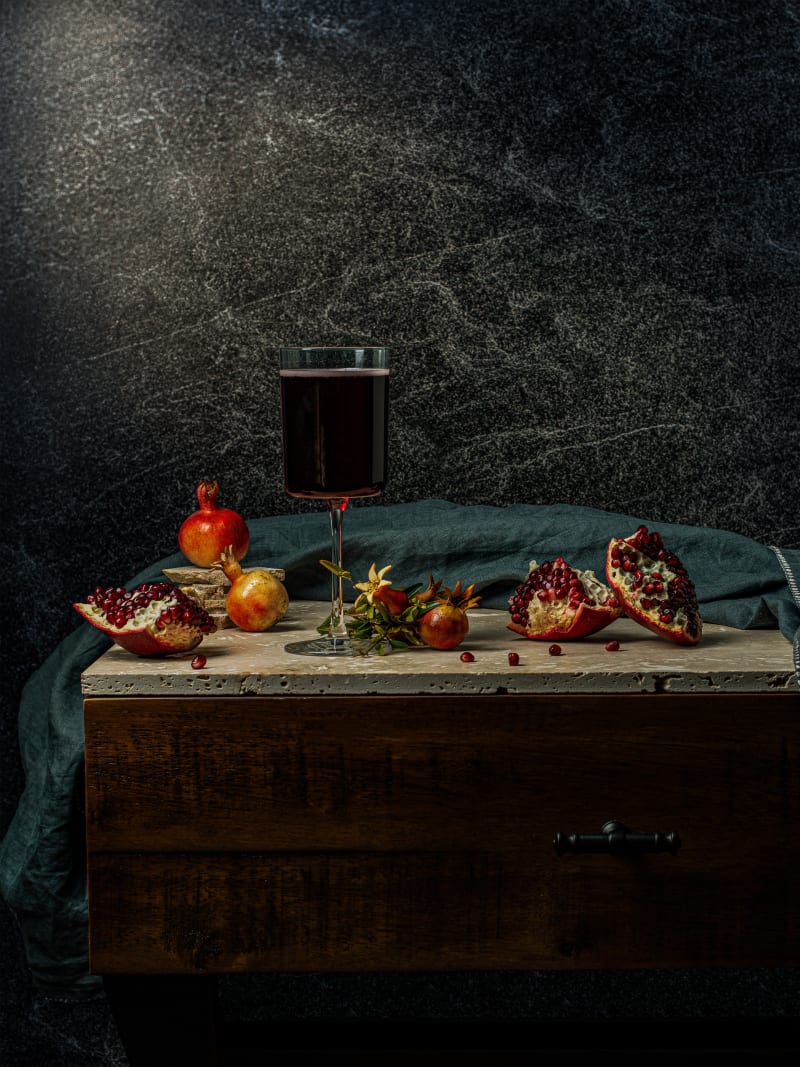 Moody Pomegranate Wine Still Life Rustic Table