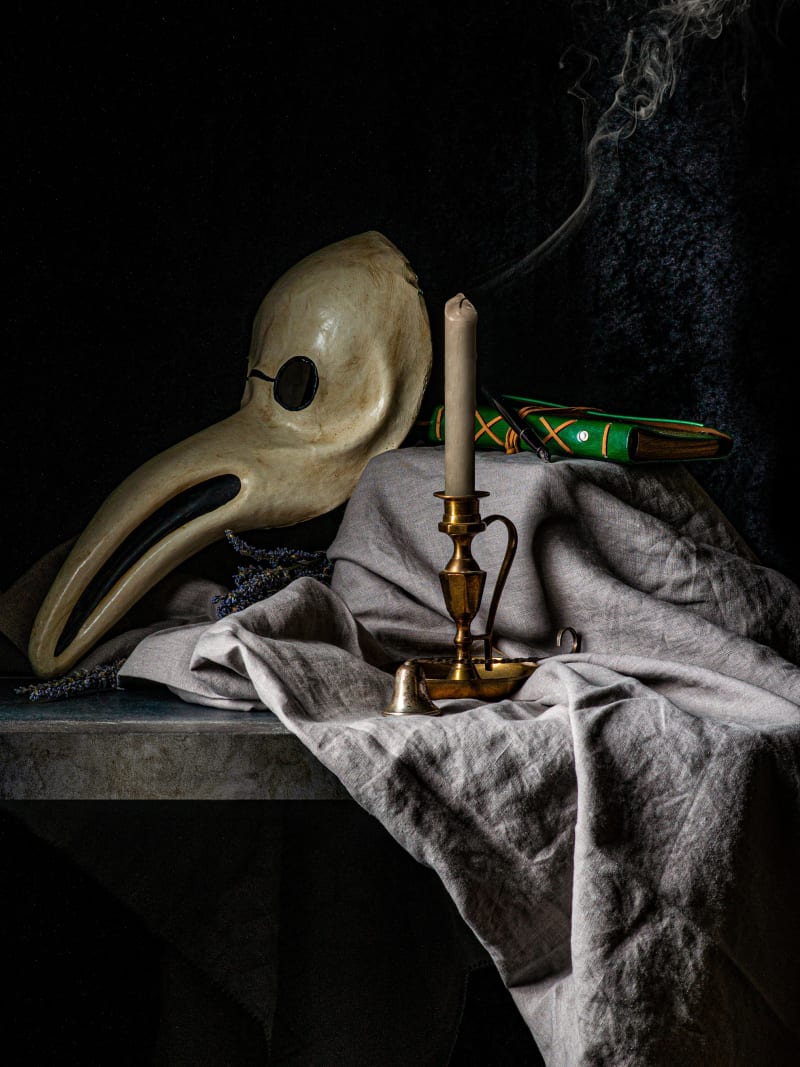 Plague Doctor Mask Candle Still Life Gothic Composition