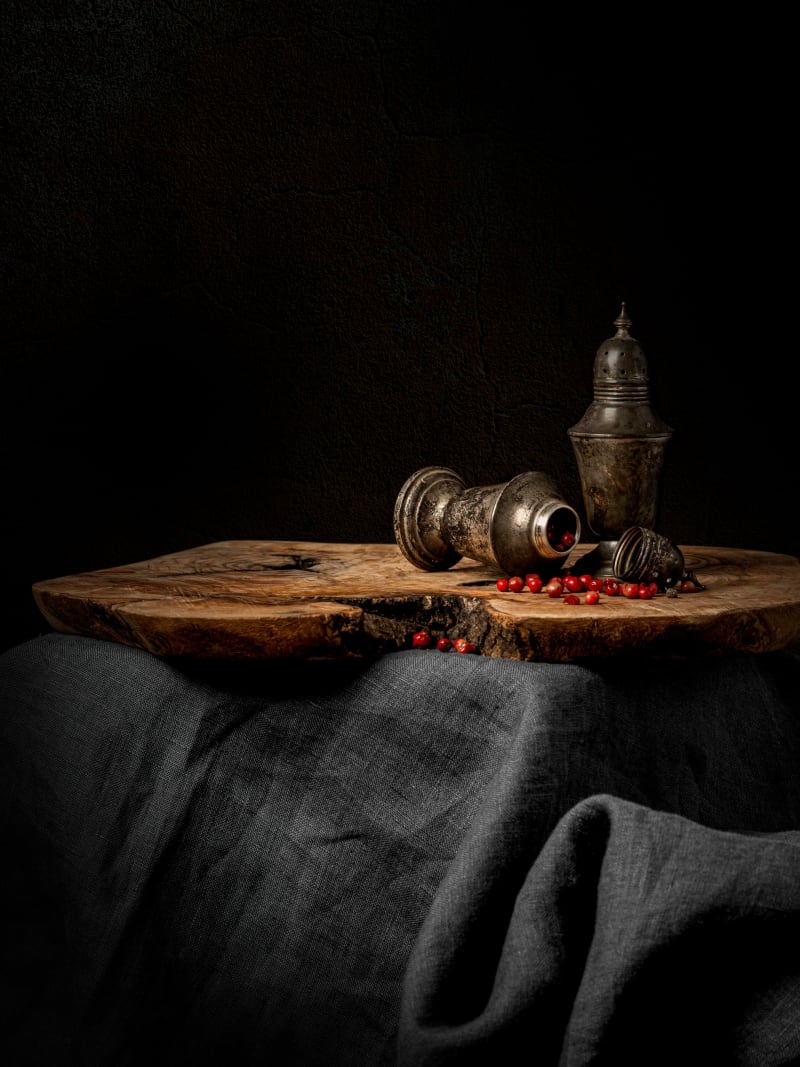 Vintage Metal Vessels Dark Still Life Rustic Wood