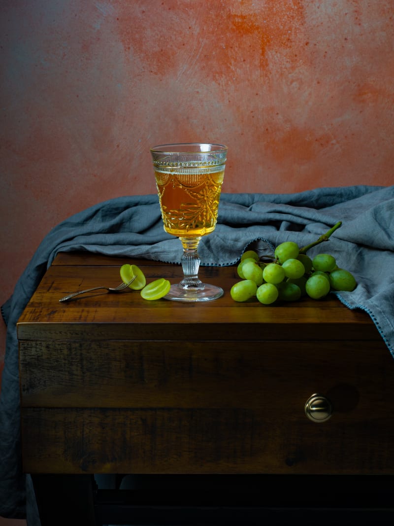 Vintage Wine Glass Green Grapes Still Life Composition