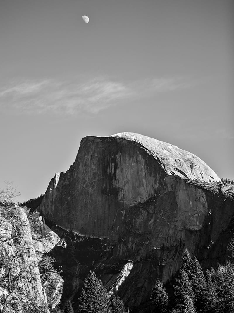 Half Dome Moon Black White Yosemite Landscape