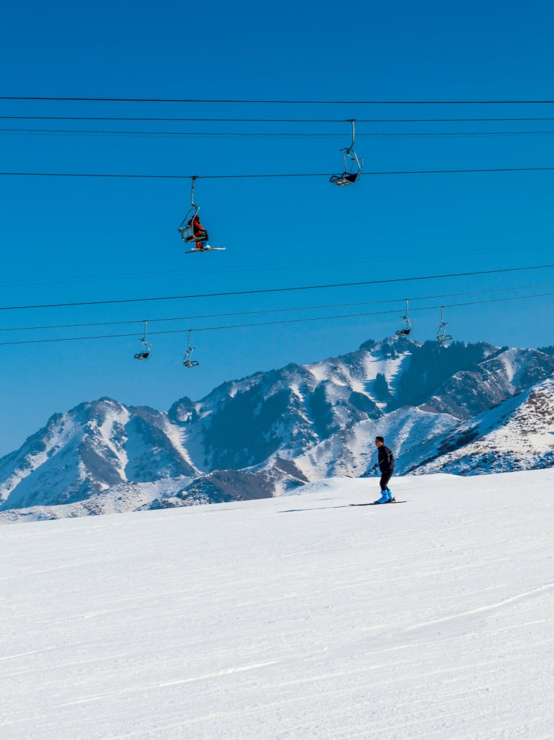 Skier Chairlift Mountain Peaks Alpine Winter Scene