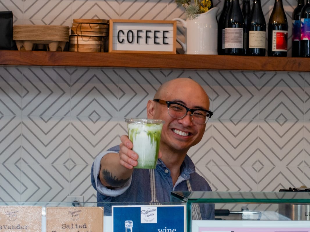 Bartender Serving Green Cocktail Modern Geometric Bar