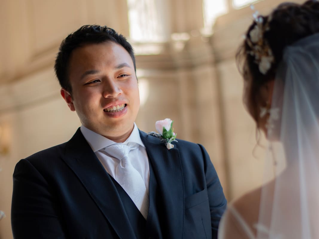 Groom First Look Navy Suit Pink Boutonniere Wedding Ceremony