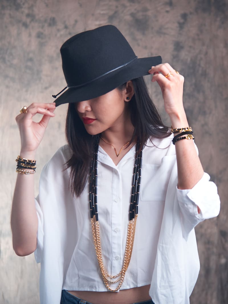 Stylish Woman Black Fedora Hat Urban Fashion Portrait