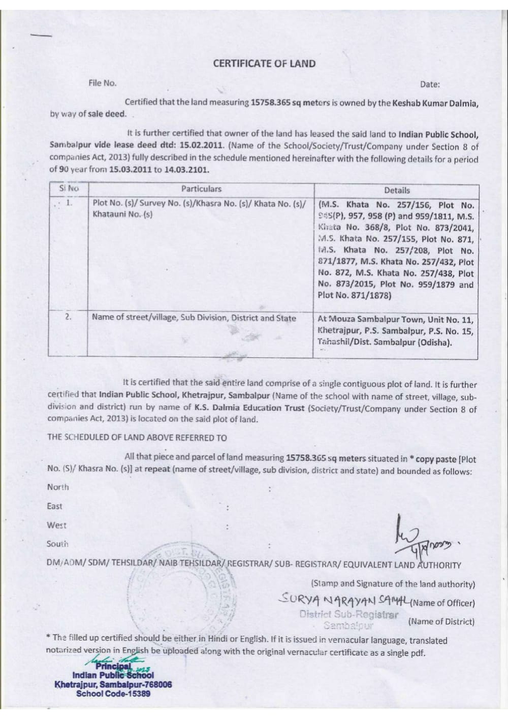 1789972627423 CERTIFICATE OF LAND