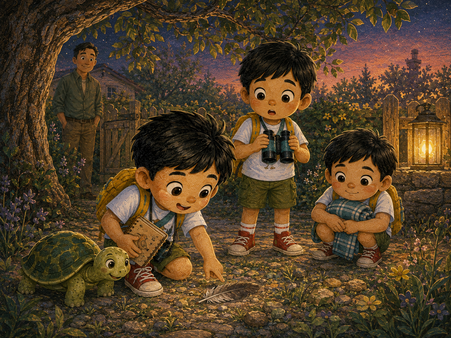 Manuel y sus hermanos investigan una pequeña pluma en el jardín al anochecer mientras su padre los acompaña.
