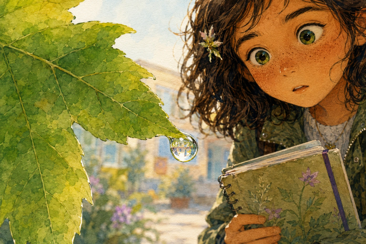 Rosa observa con su libreta una gran gota transparente que nace del borde de una hoja de arce y refleja el patio al revés.