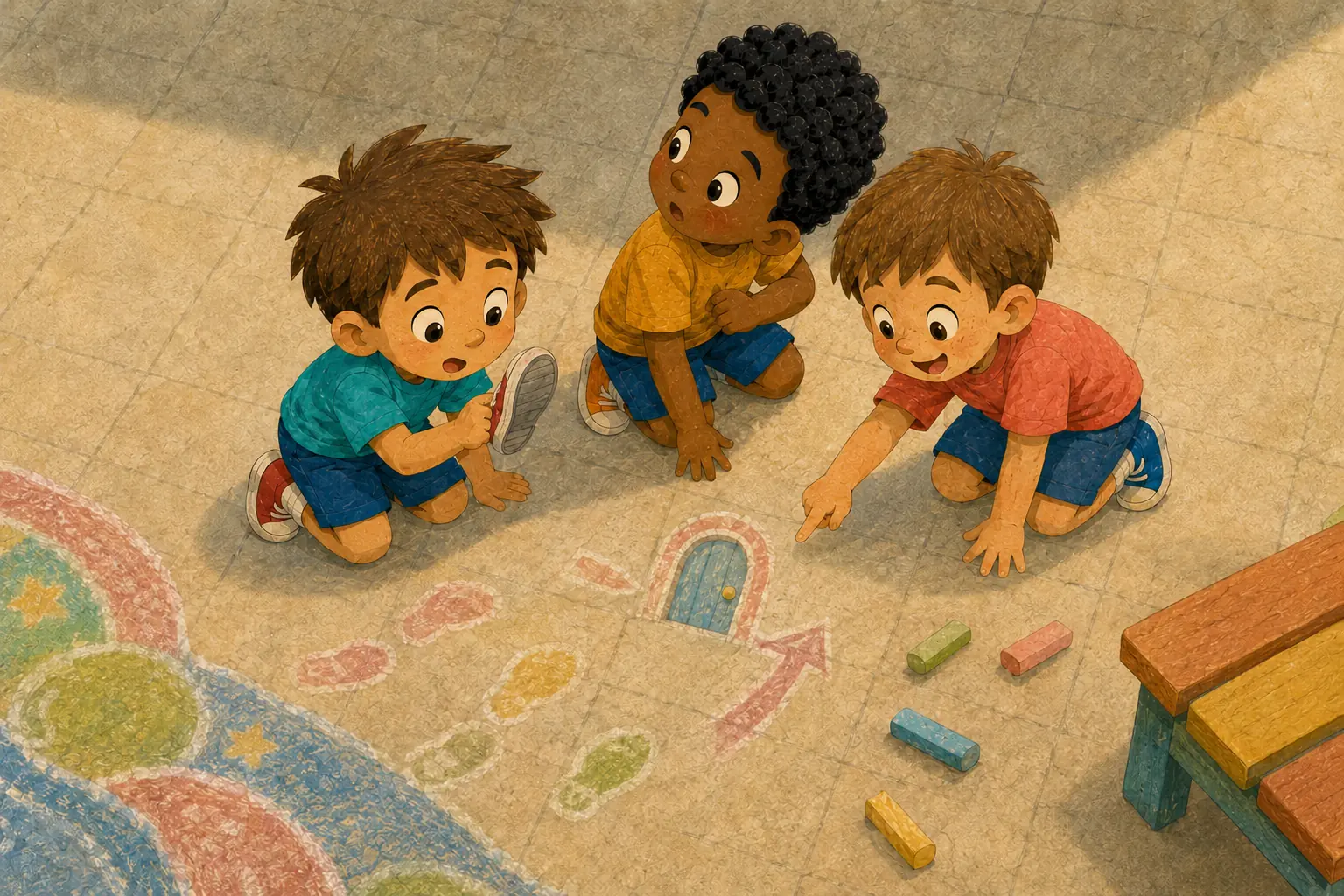 Vista cenital de Carlitos mirando bajo su zapato, Gabriel buscando detrás de sí y Mateo señalando una pequeña puerta de tiza en el patio, mientras las sombras de los tres han desaparecido.