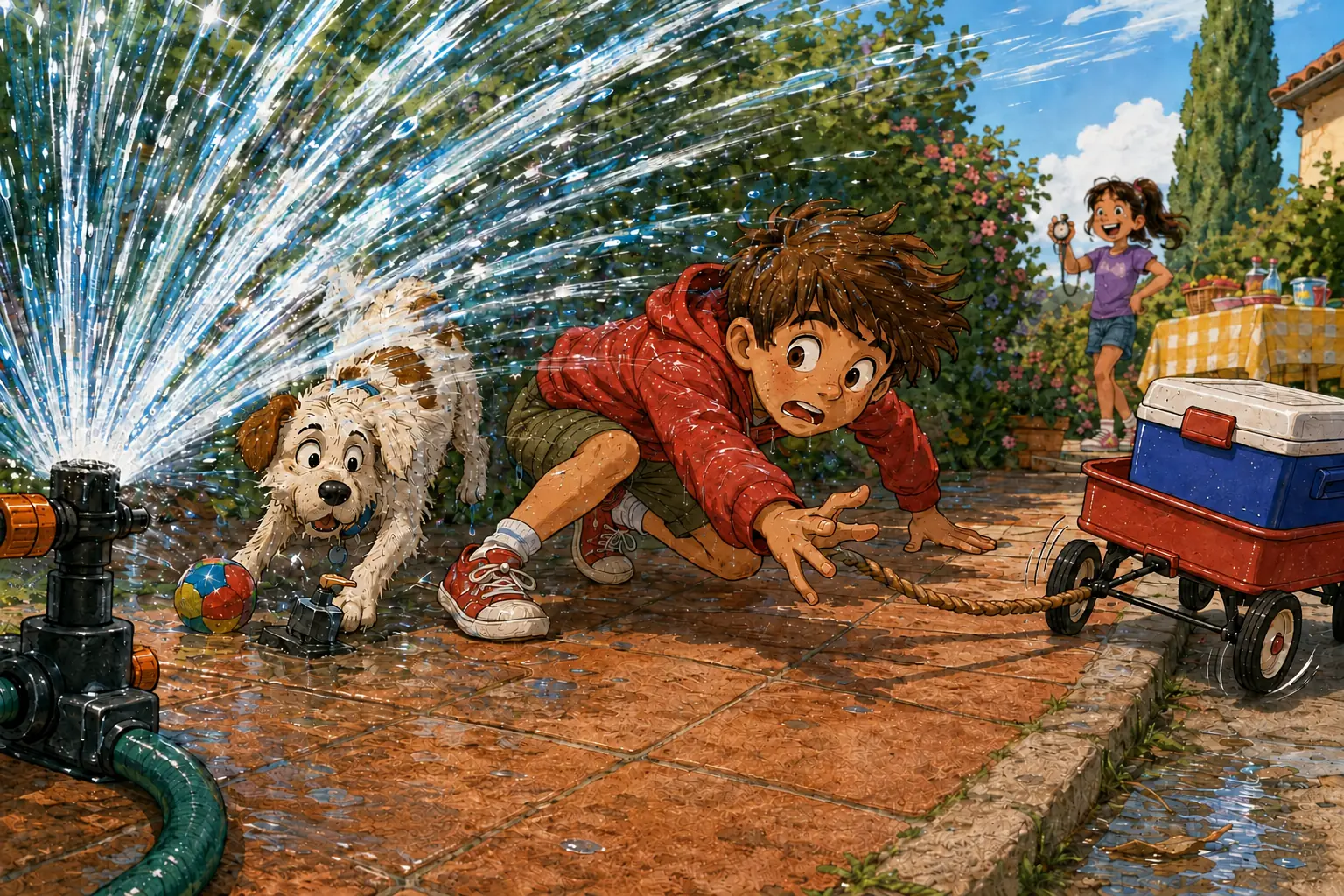Juan se agacha para esquivar el agua del aspersor y alcanzar la cuerda del carrito, mientras Max observa sorprendido junto a su pelota y Ana sostiene el cronómetro al fondo.