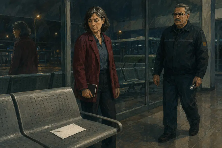 Un sobre blanco cerrado sobre un banco metálico; Clara se detiene con su libreta negra mientras Mateo llega con una linterna baja, y sus reflejos se duplican en la cristalera nocturna.