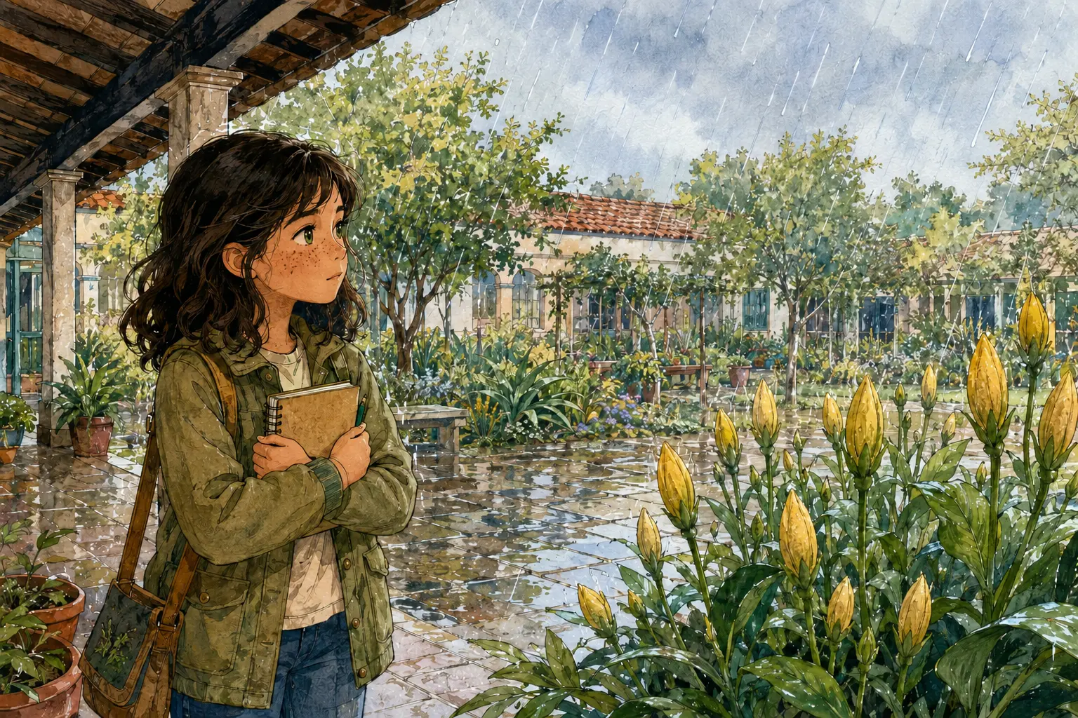 Rosa, bajo el porche del colegio, abraza su libreta mientras observa las flores amarillas cerradas bajo las primeras gotas de lluvia.