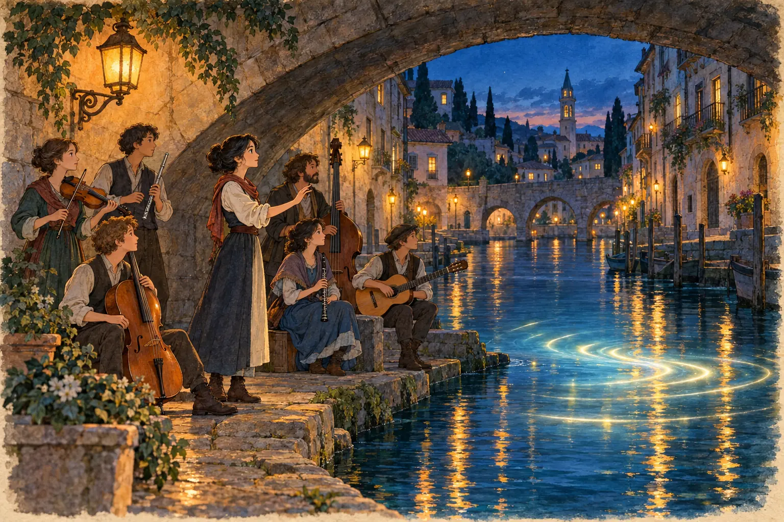 Inés y seis músicos tocan bajo un puente de piedra de Bellaclara mientras dejan un instante de silencio en la melodía y una vibración luminosa parece surgir sobre el canal.