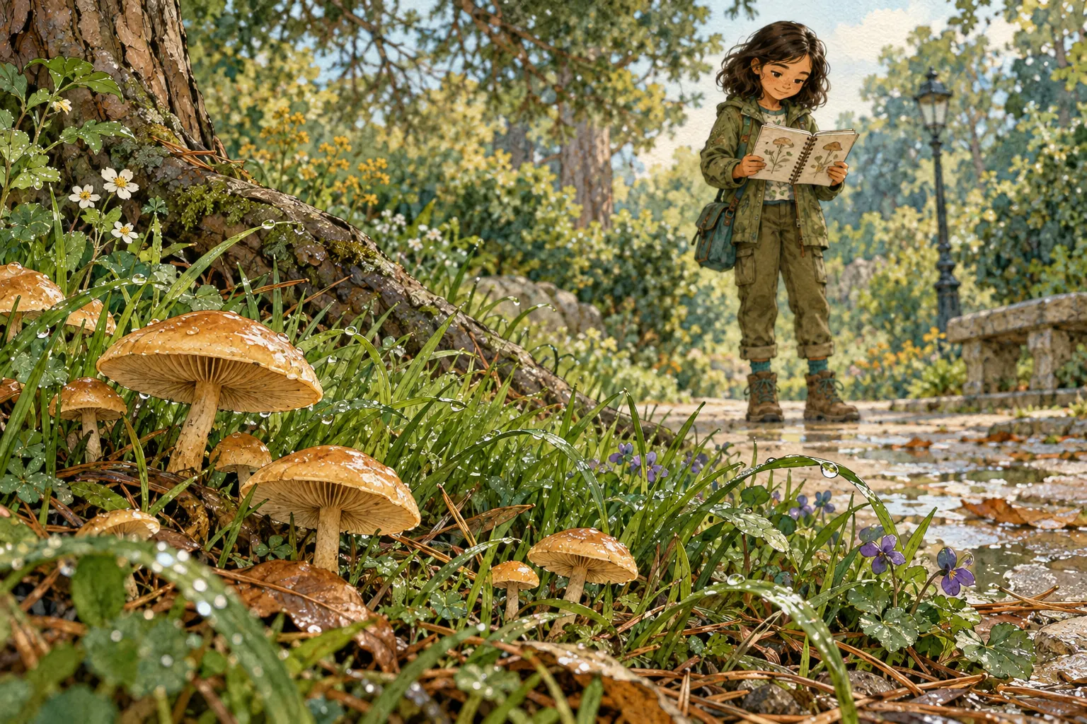 Setas color miel abiertas y una franja curva de césped húmedo en primer plano; al fondo, Rosa compara las páginas de su libreta desde el sendero, junto a una raíz de pino.