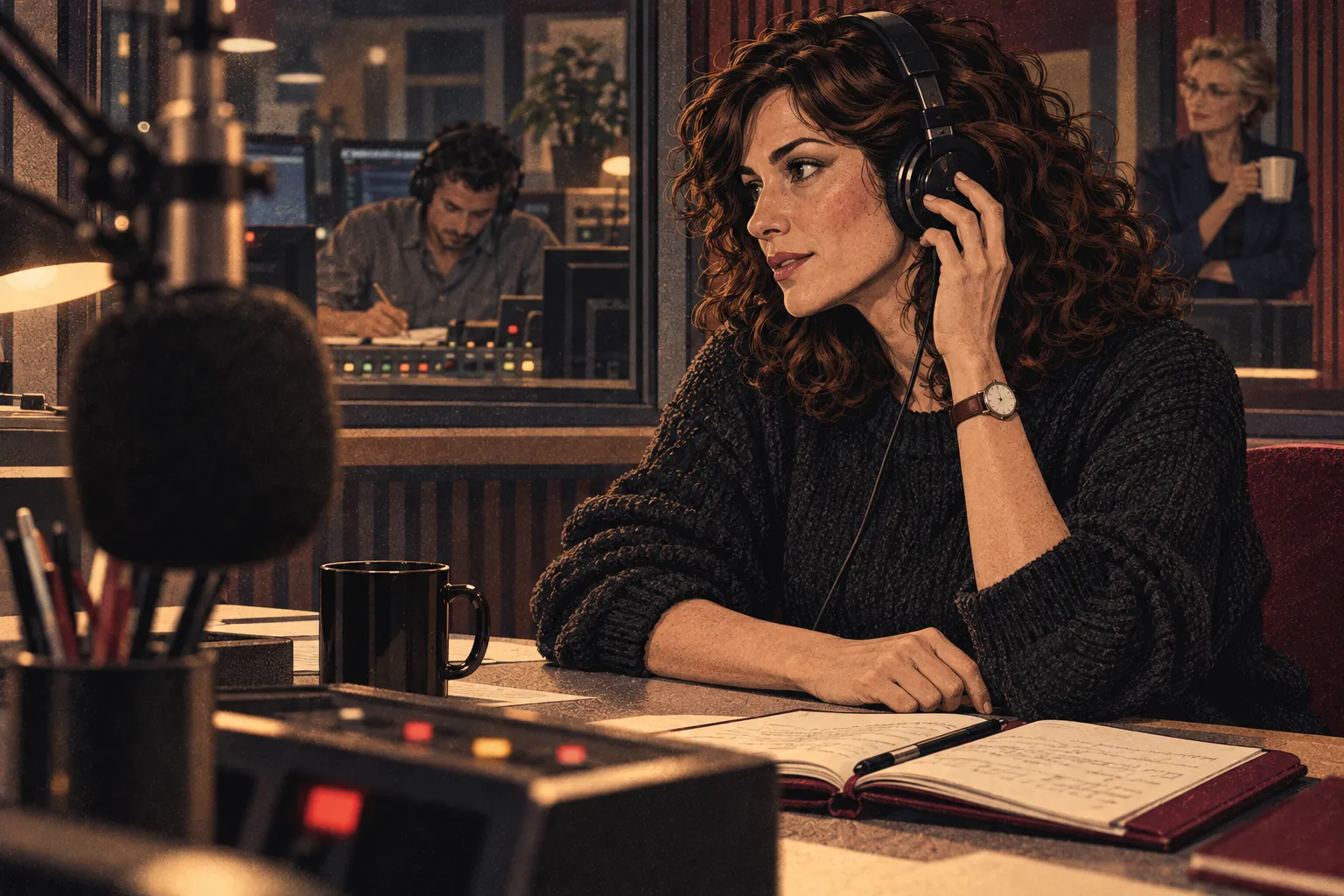 Inés escucha fuera de antena con una mano en el auricular y la libreta color vino abierta; tras el cristal, Mauro rehace la escaleta con un lápiz y Claudia sostiene un vaso de café.
