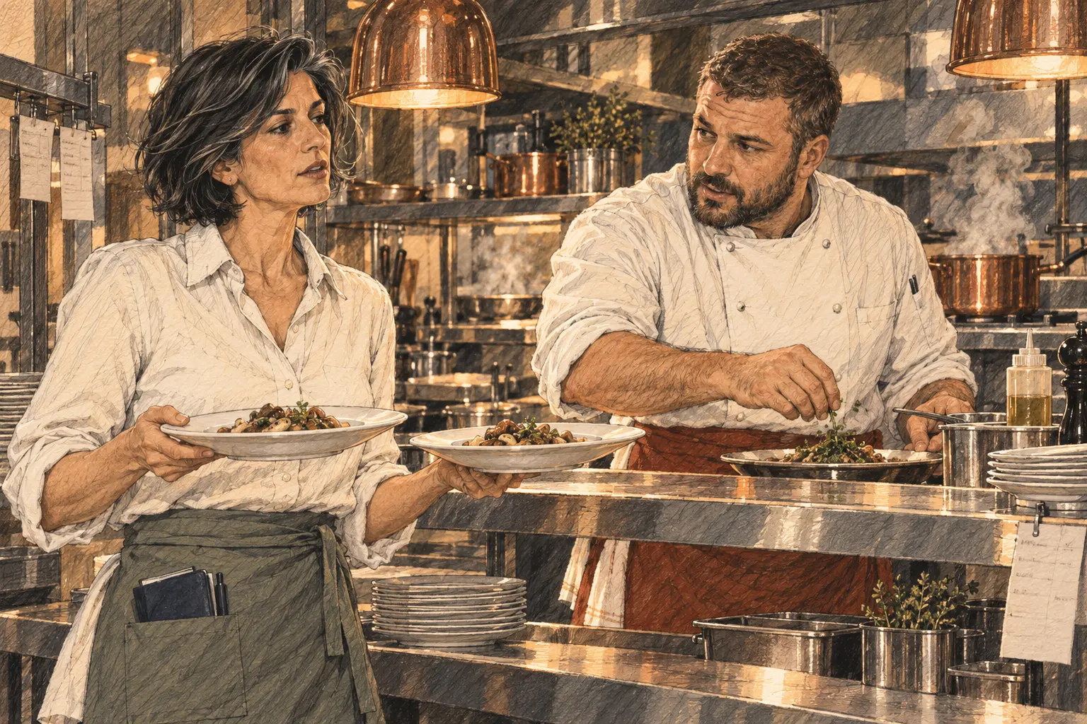 Elena sostiene dos platos de setas junto al pase de acero mientras Diego continúa emplatando al otro lado, entre comandas y vapor suave de la cocina.