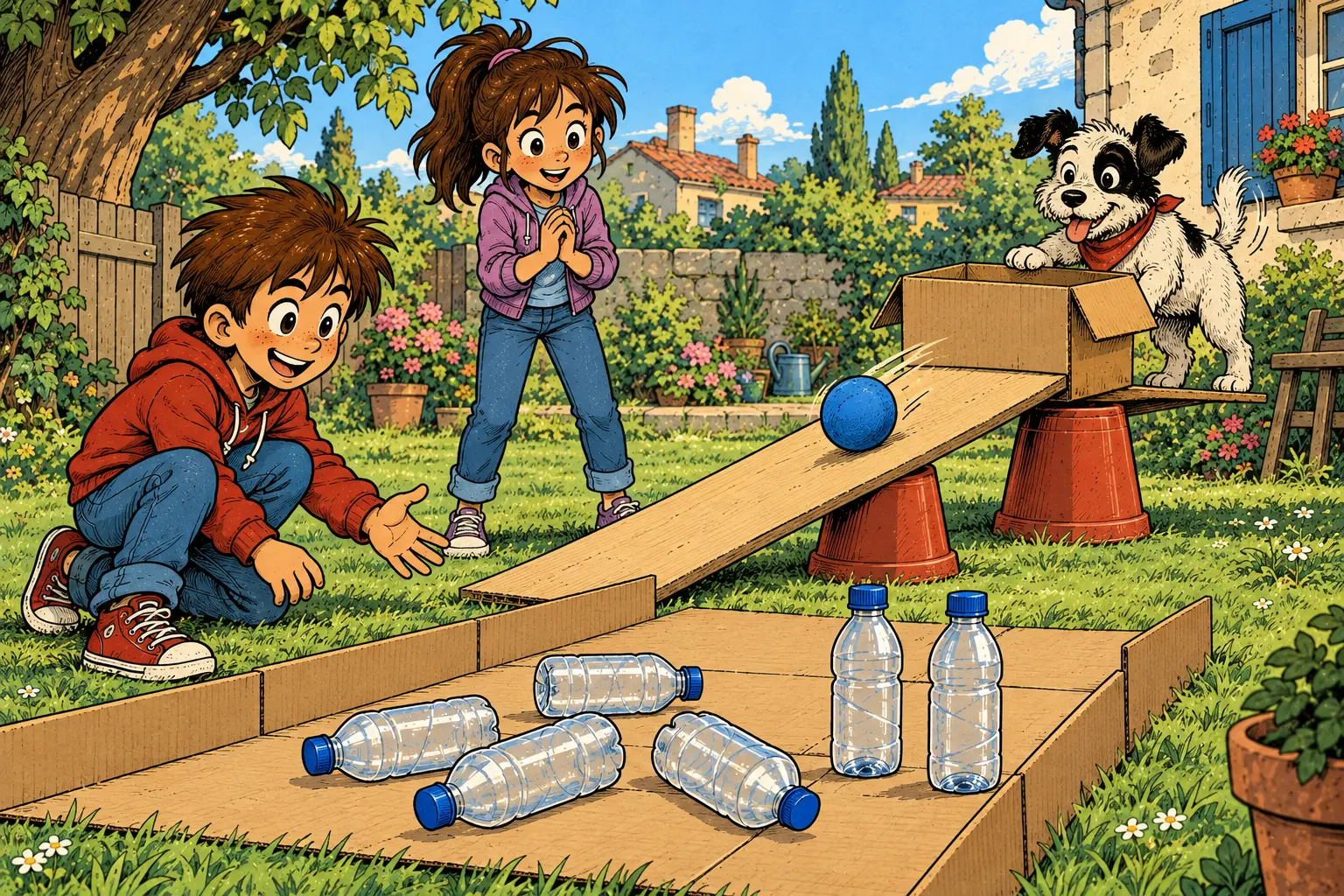 Juan espera sonriente al pie de una rampa de tabla mientras la pelota azul rueda desde la caja junto a Max; Ana observa el mecanismo entre cuatro botellas caídas y dos en pie.