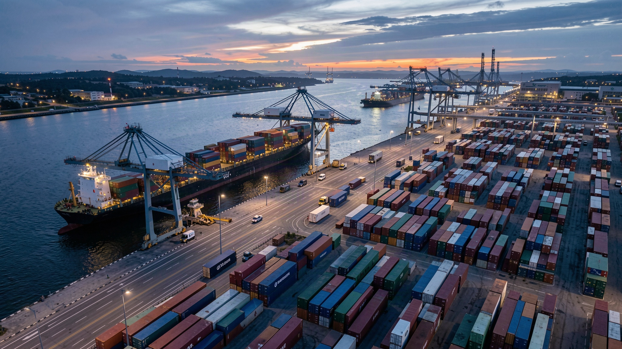 Aerial view of an intermodal shipping port at dusk