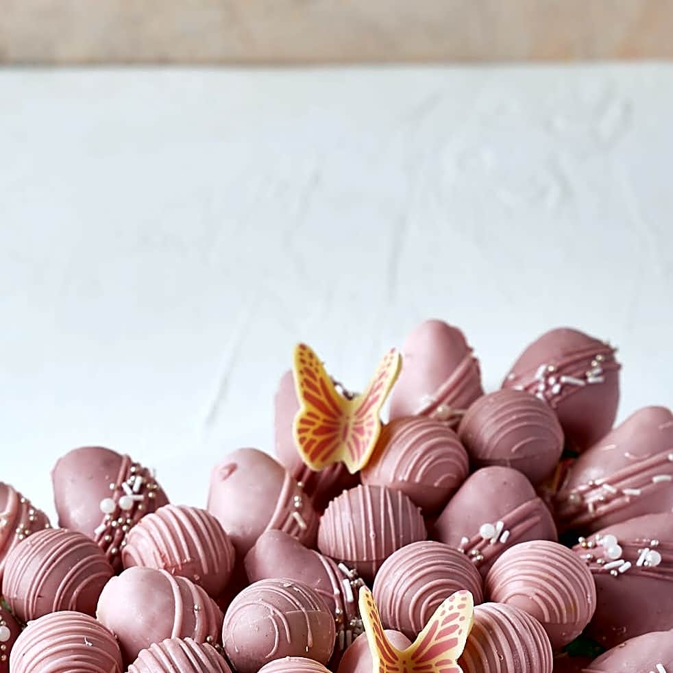 Pink and Purple Chocolate Strawberries Arrangement by NJD view 2