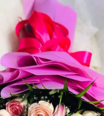 Pink roses bouquet with pink star, areca and gypso N view 2