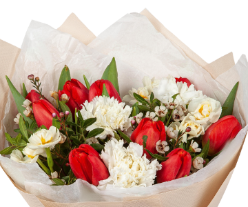 New Day Bouquet/red tulips and white roses view 2