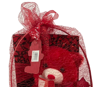 Red teddy bear basket view 2