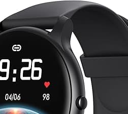 The smart watch is round, black in color view 2