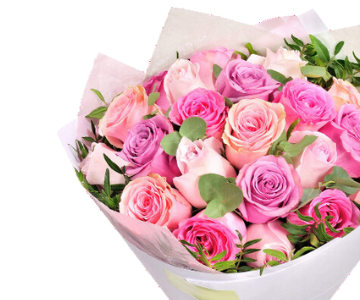 Pink Rose Bouquet with White Wrap and Cake view 2