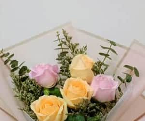 Mixed pink n champagne roses in a hand bouquet view 2