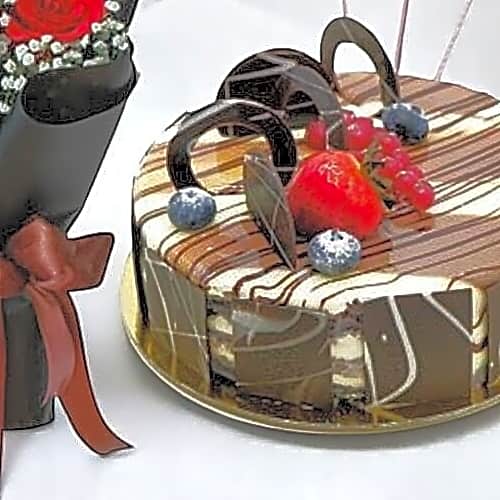 Romantic Cake Flower Combo with 3 Red Roses, Marble Cake Balloons view 3