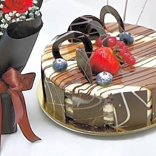 Romantic Cake Flower Combo with 3 Red Roses, Marble Cake Balloons view 5
