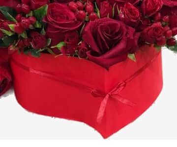 Red roses box with mix flowers, leaves and bears N view 3